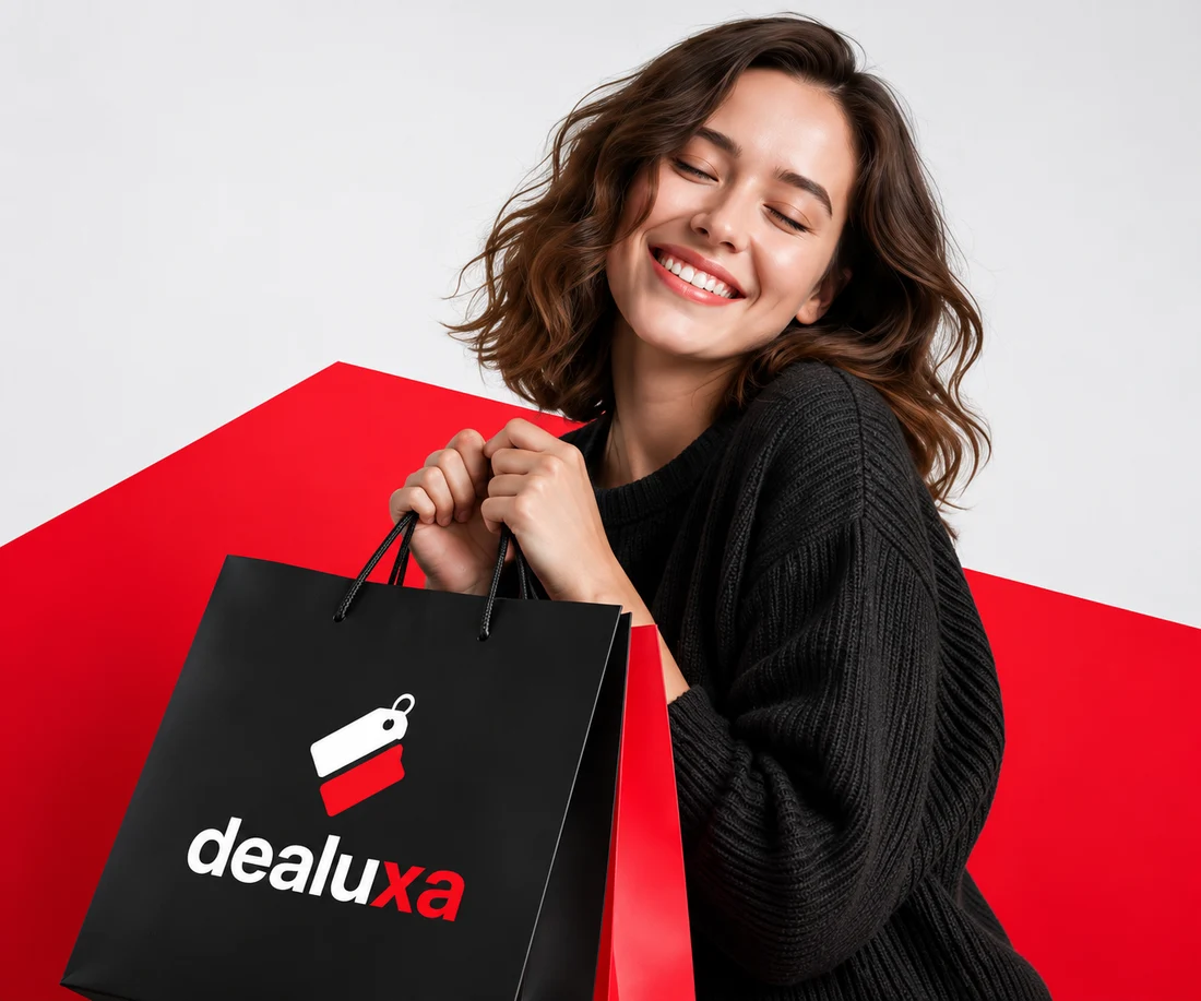 A smiling shopper with a black Dealuxa shopping bag against a red and grey background